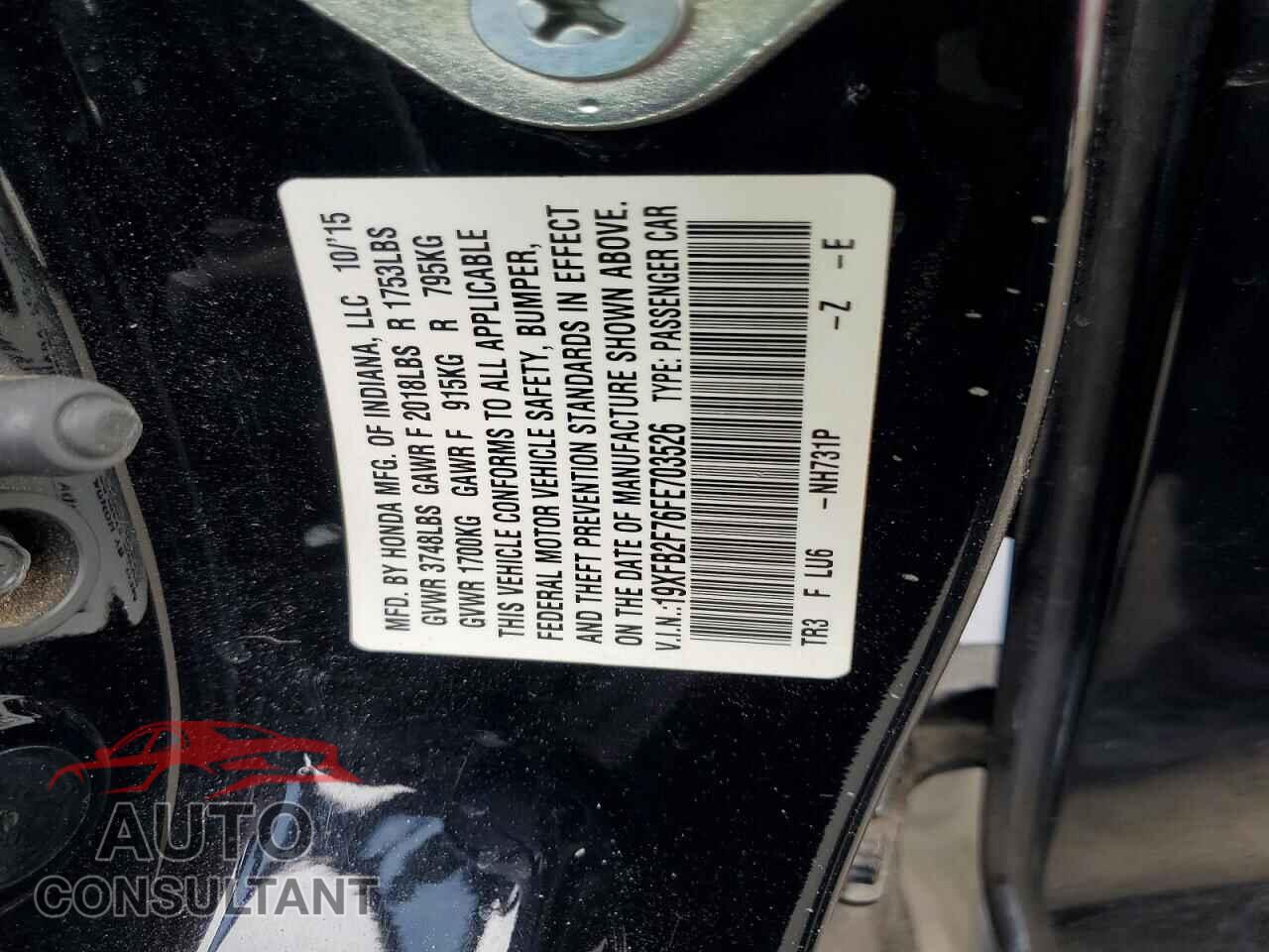 HONDA CIVIC 2015 - 19XFB2F76FE703526