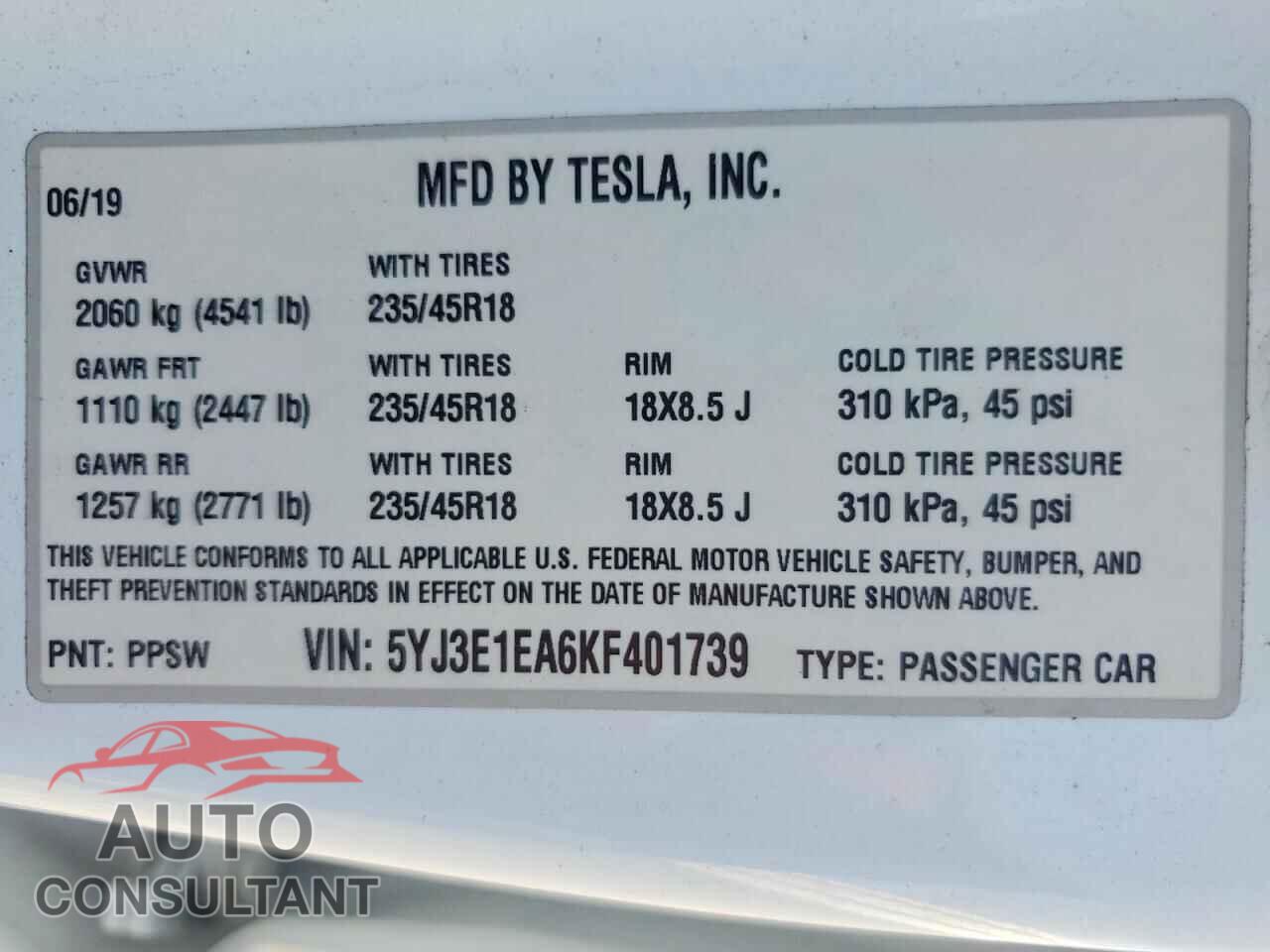 TESLA MODEL 3 2019 - 5YJ3E1EA6KF401739