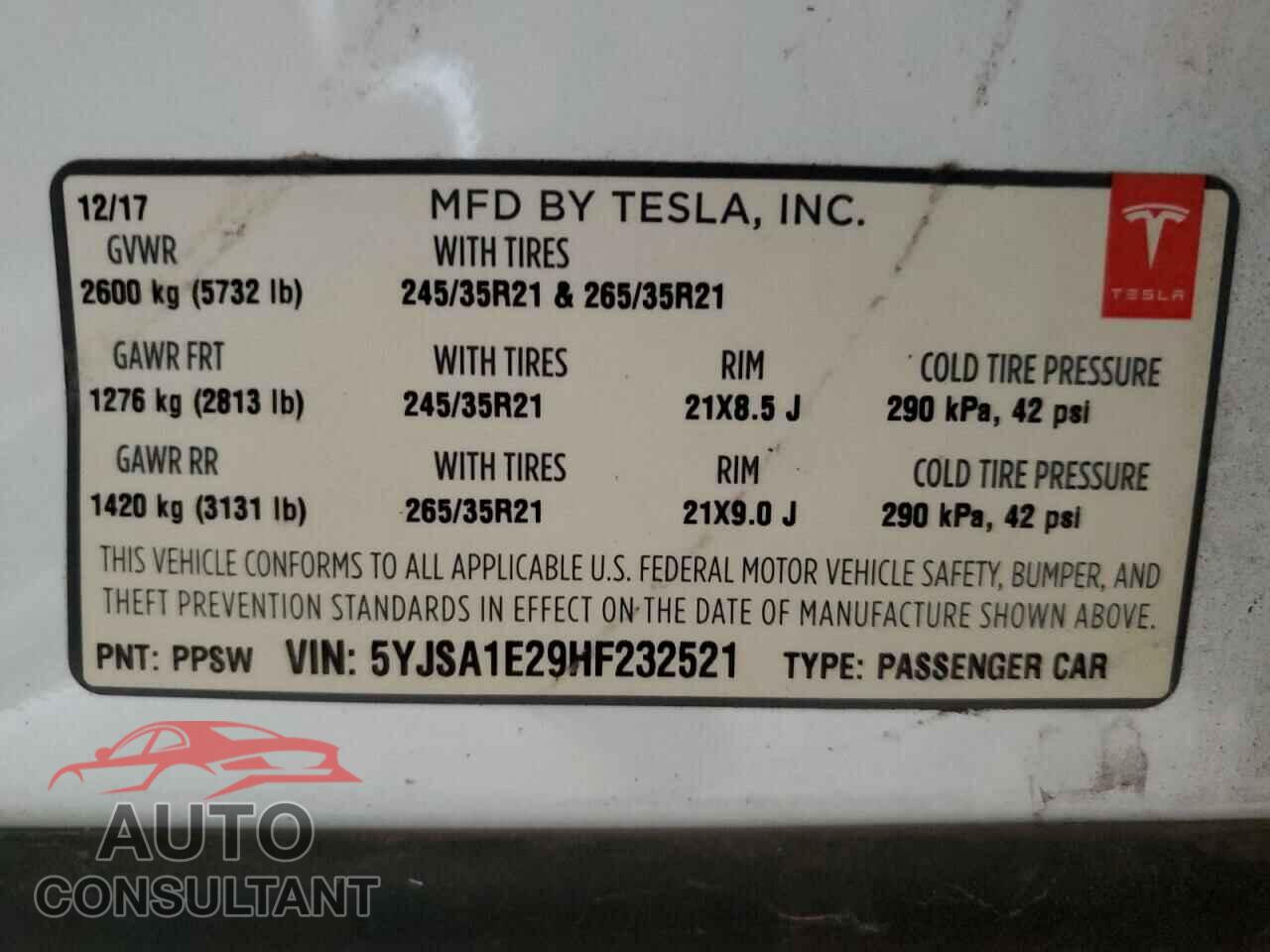 TESLA MODEL S 2017 - 5YJSA1E29HF232521