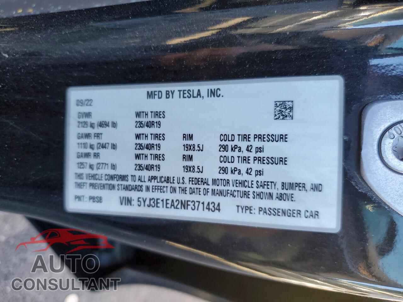 TESLA MODEL 3 2022 - 5YJ3E1EA2NF371434
