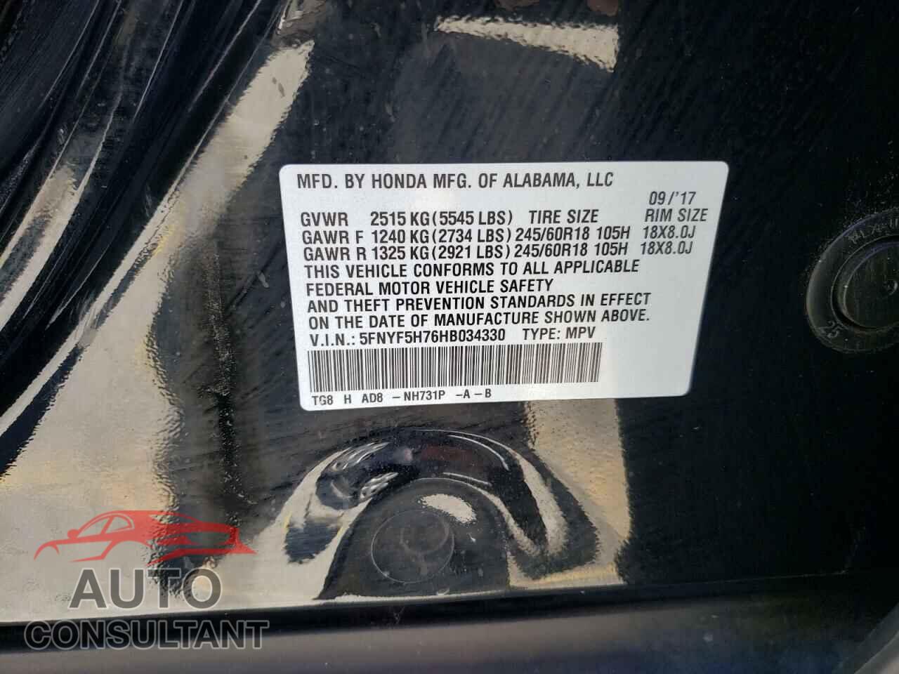 HONDA PILOT 2017 - 5FNYF5H76HB034330