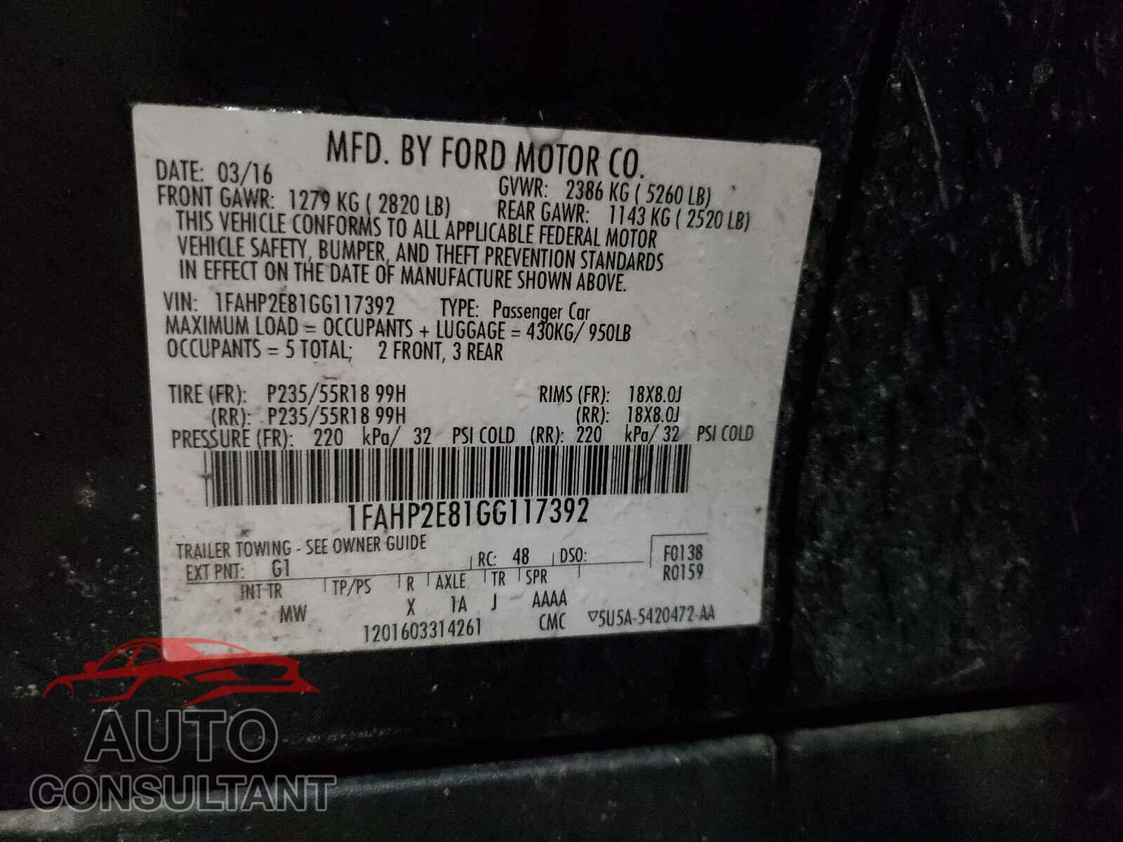 FORD TAURUS 2016 - 1FAHP2E81GG117392