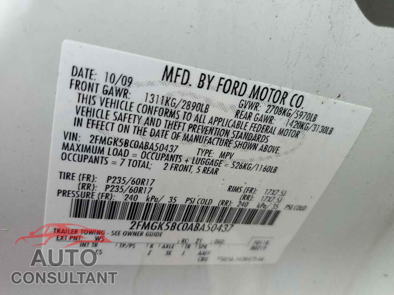 FORD FLEX 2010 - 2FMGK5BC0ABA50437