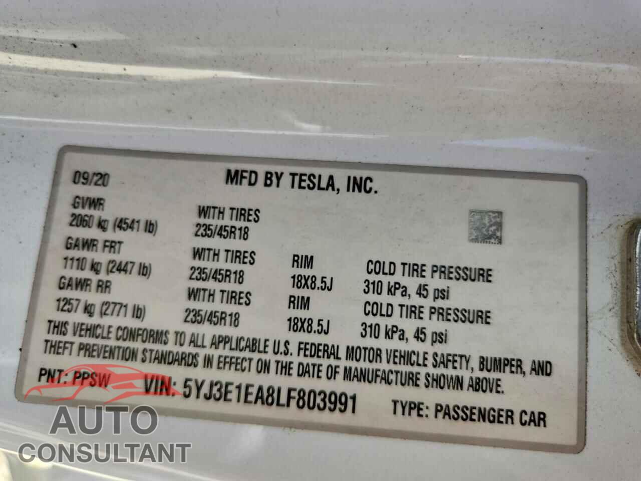TESLA MODEL 3 2020 - 5YJ3E1EA8LF803991