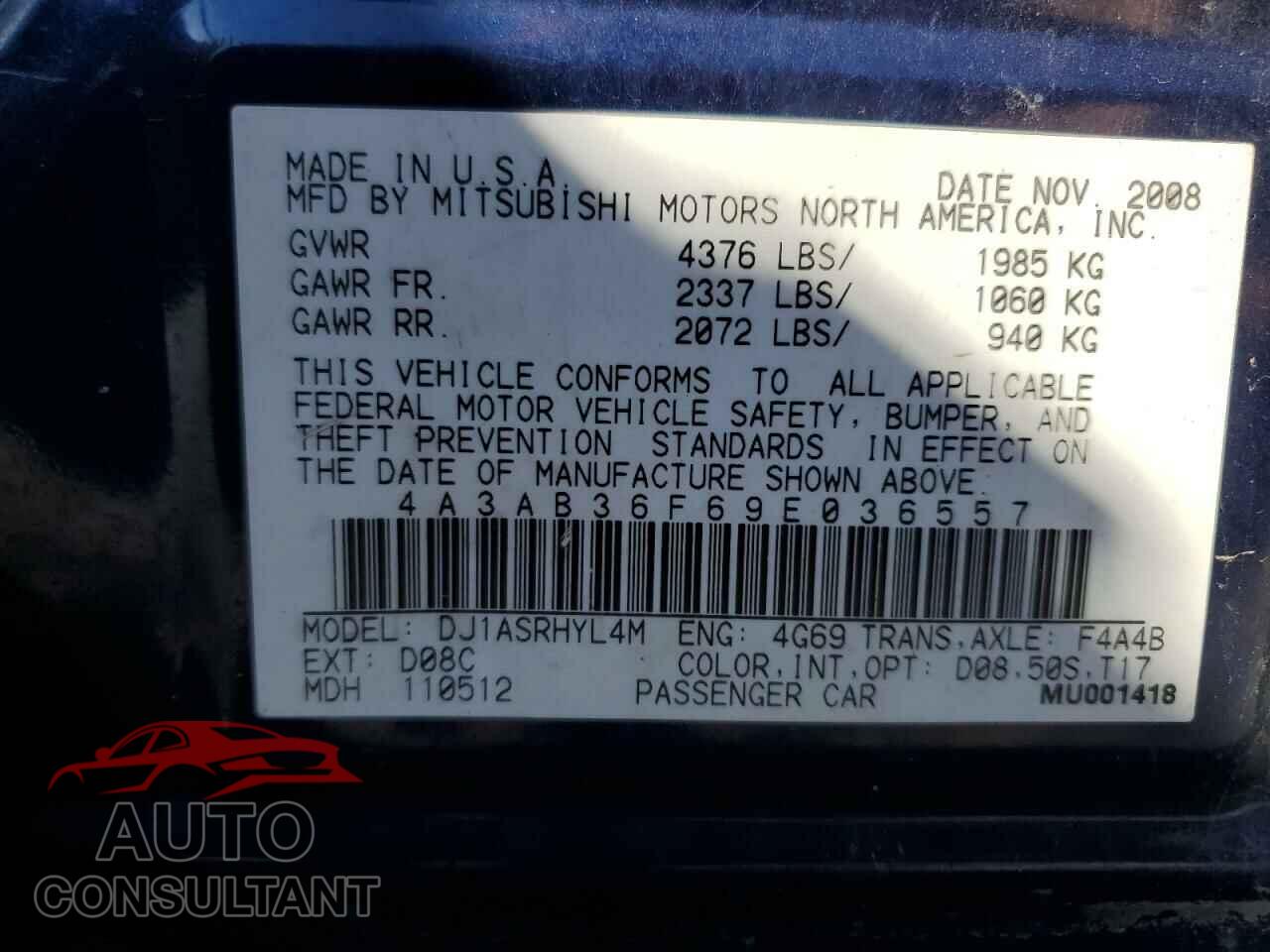 MITSUBISHI GALANT 2009 - 4A3AB36F69E036557