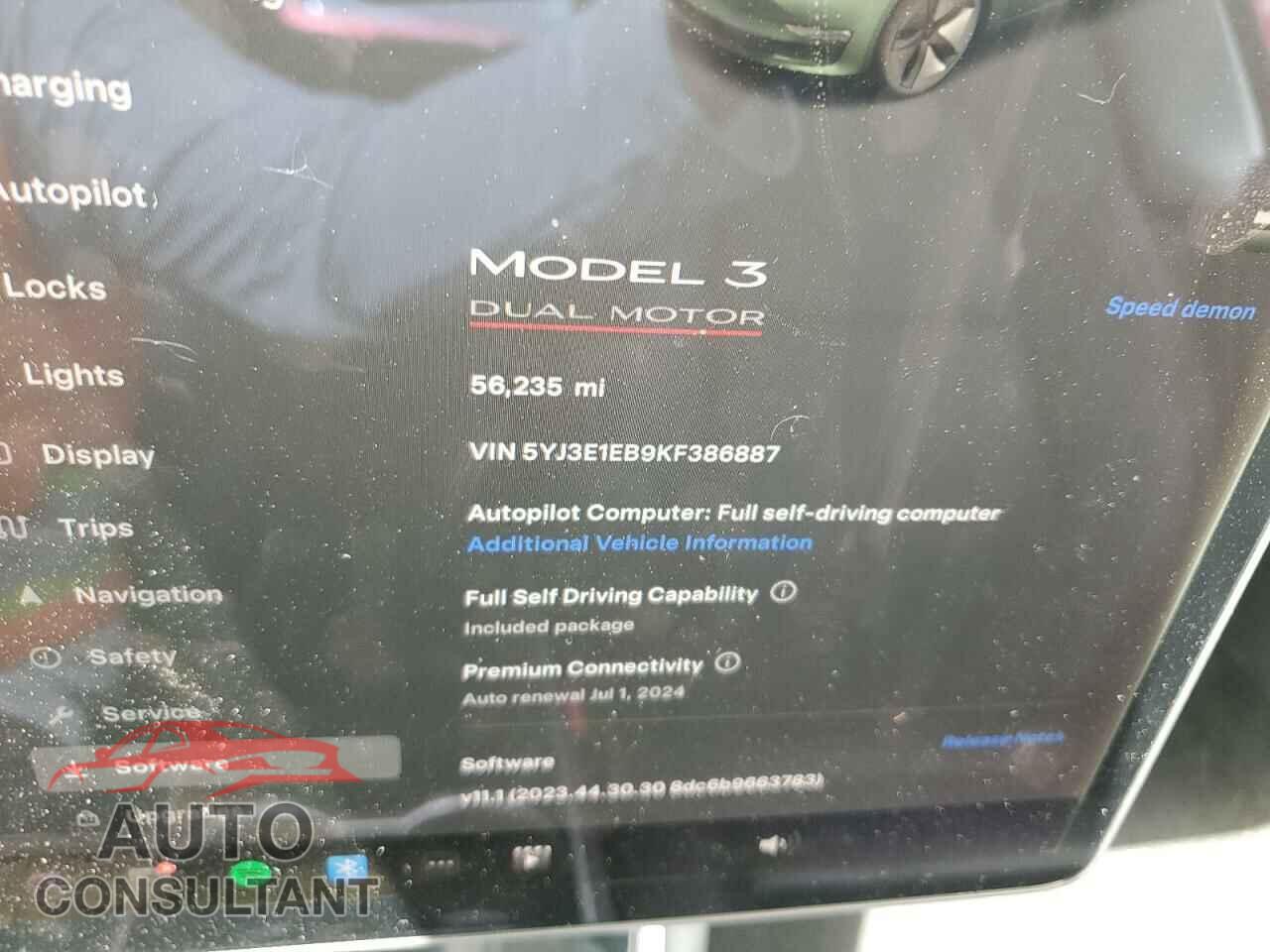 TESLA MODEL 3 2019 - 5YJ3E1EB9KF386887