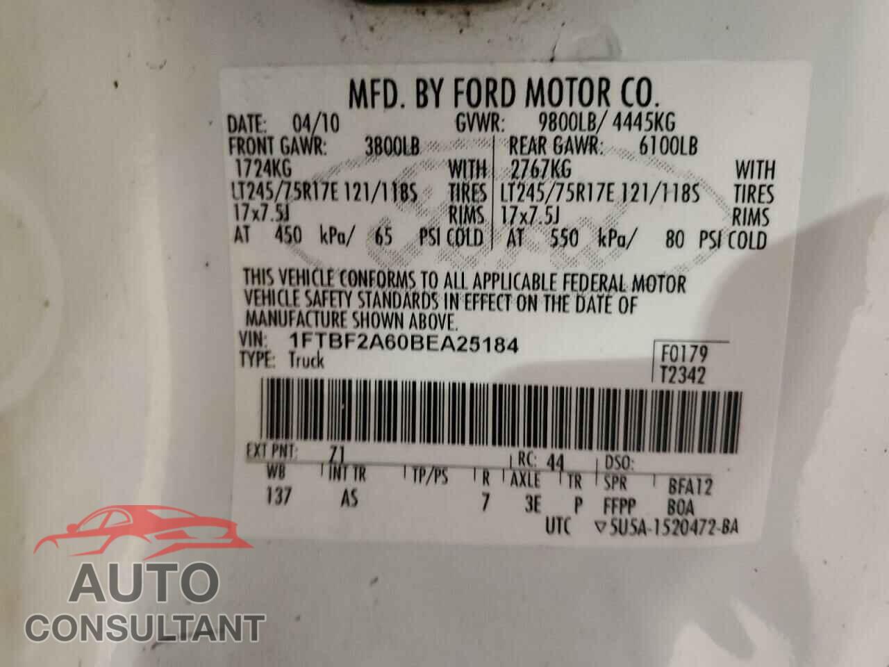 FORD F250 2011 - 1FTBF2A60BEA25184