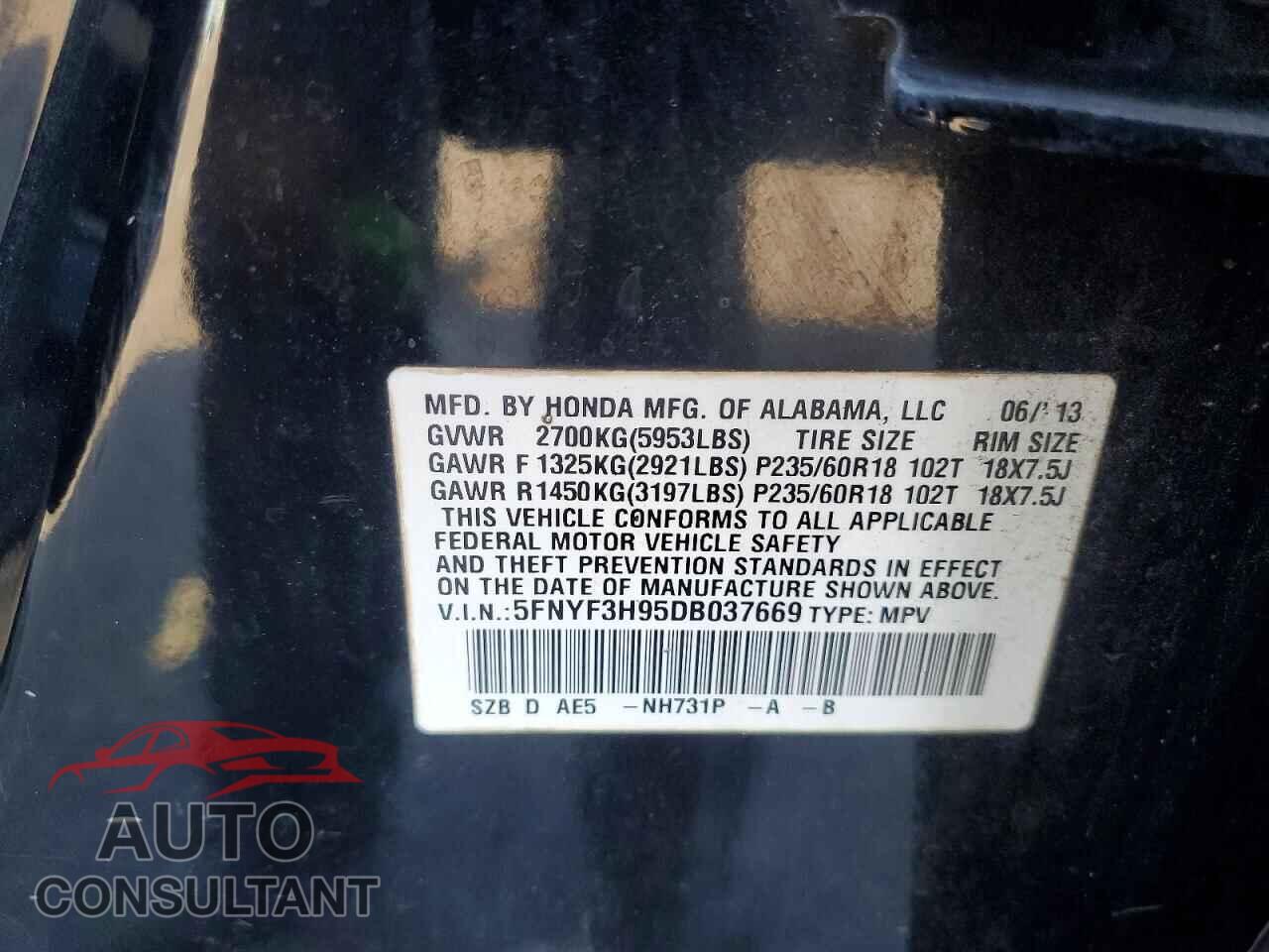 HONDA PILOT 2013 - 5FNYF3H95DB037669