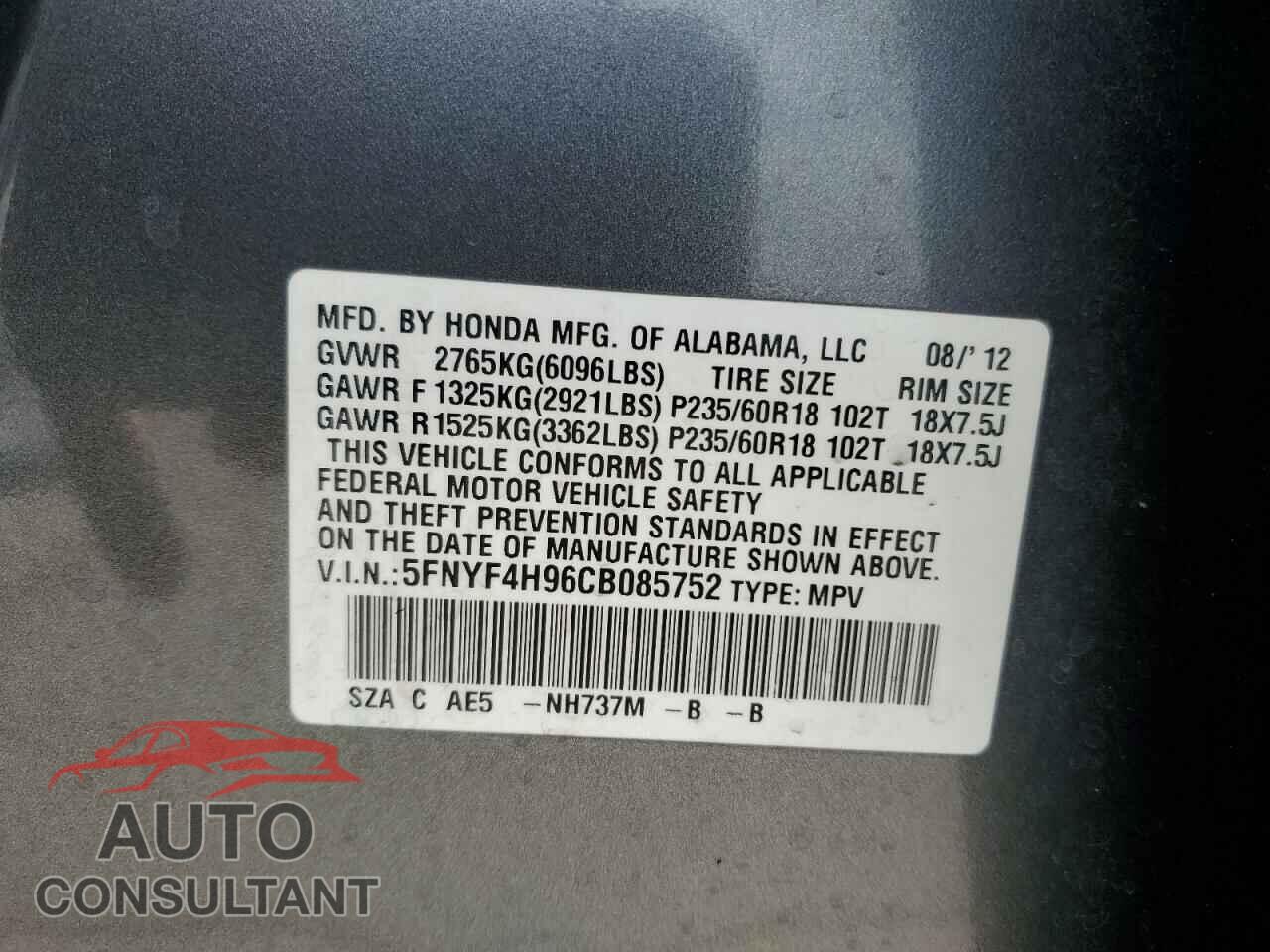HONDA PILOT 2012 - 5FNYF4H96CB085752