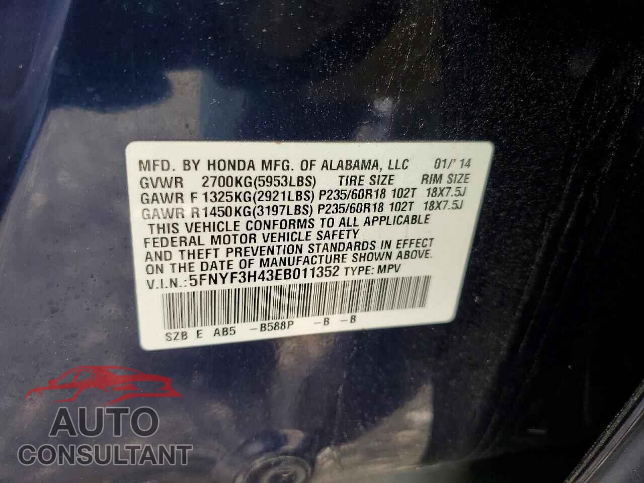 HONDA PILOT 2014 - 5FNYF3H43EB011352