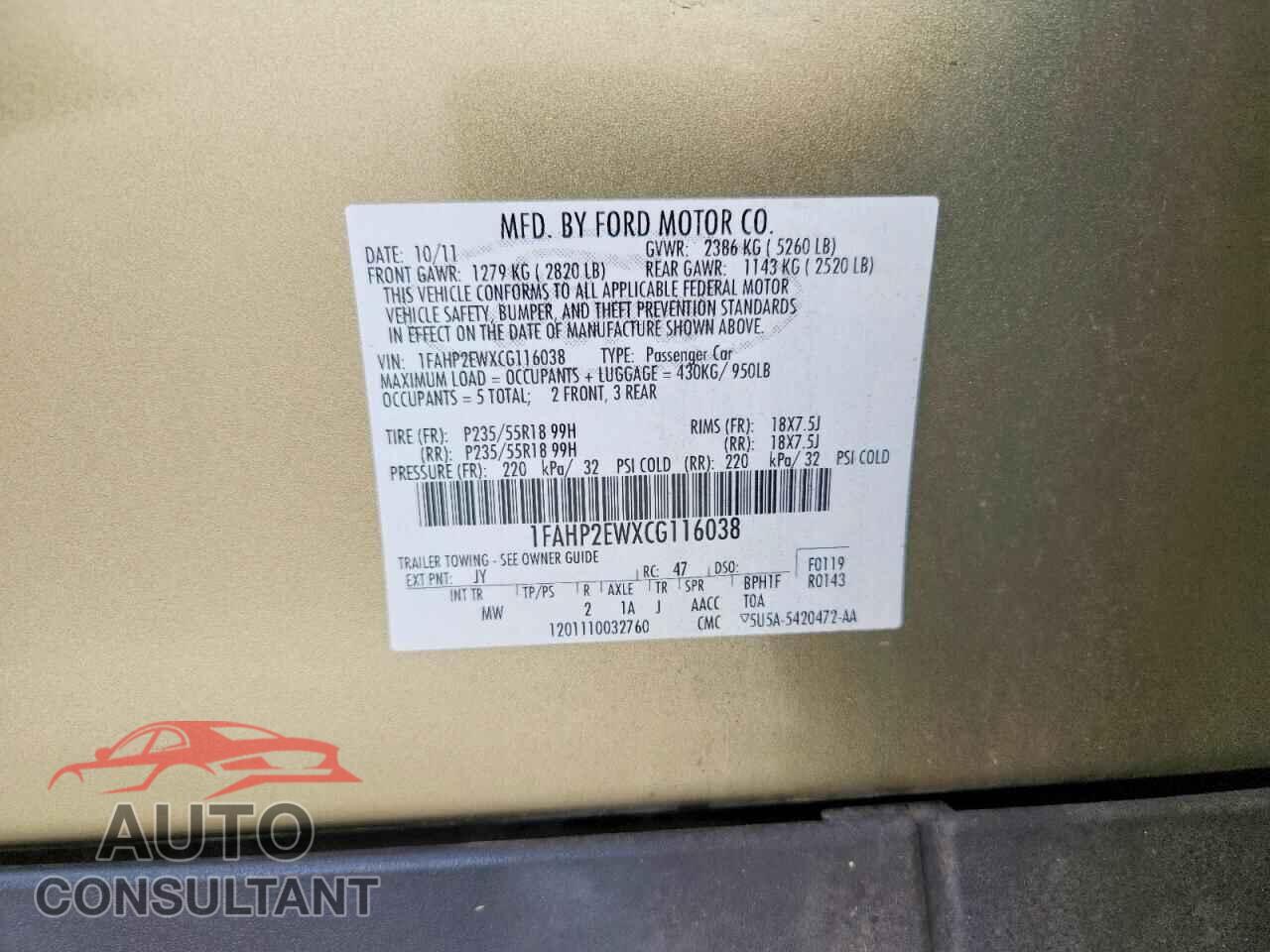 FORD TAURUS 2012 - 1FAHP2EWXCG116038