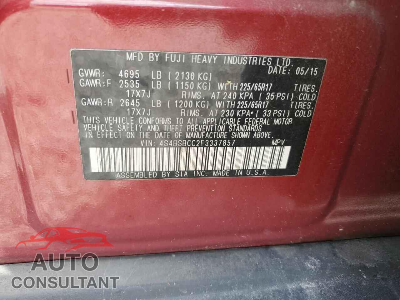 SUBARU OUTBACK 2015 - 4S4BSBCC2F3337857