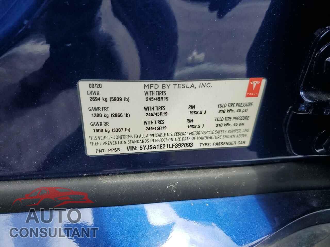 TESLA MODEL S 2020 - 5YJSA1E21LF392093