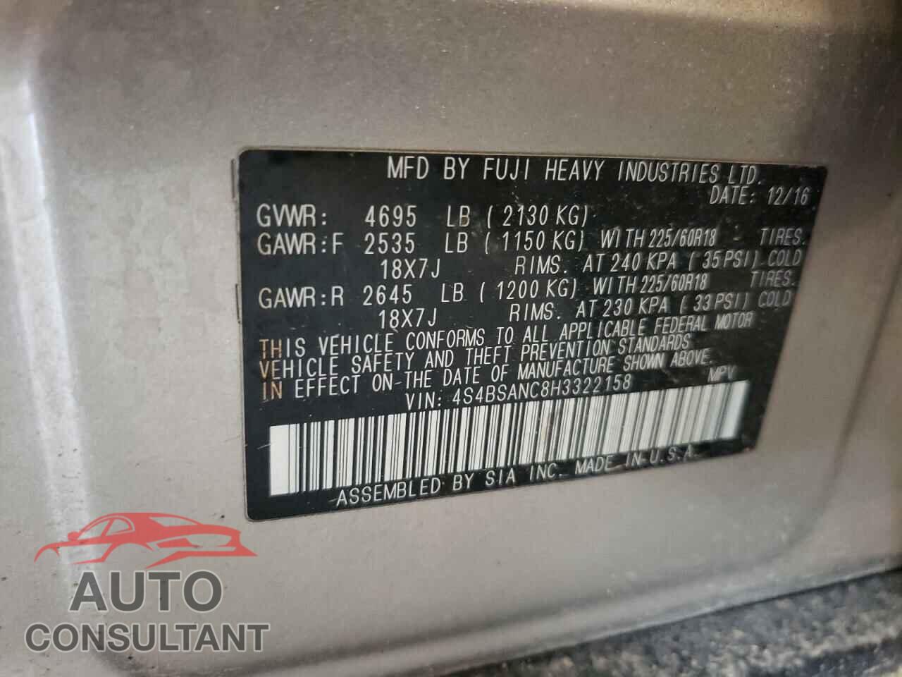 SUBARU OUTBACK 2017 - 4S4BSANC8H3322158