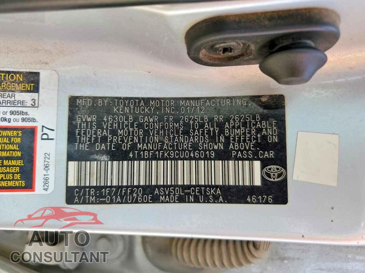 TOYOTA CAMRY 2012 - 4T1BF1FK9CU046019