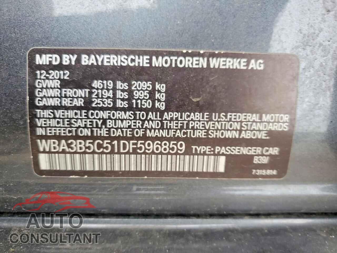 BMW 3 SERIES 2013 - WBA3B5C51DF596859