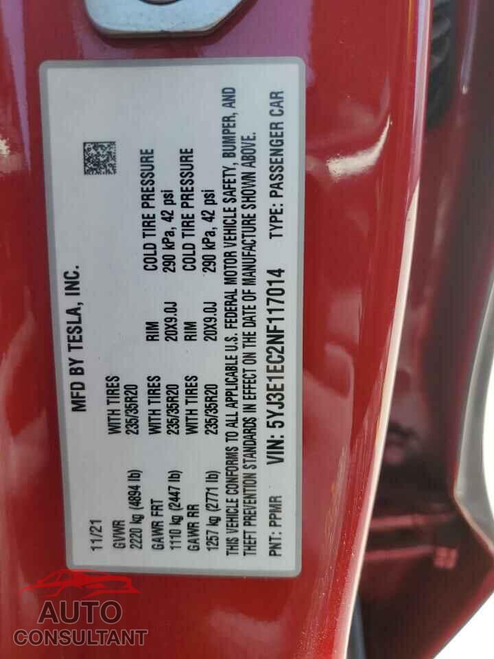 TESLA MODEL 3 2022 - 5YJ3E1EC2NF117014