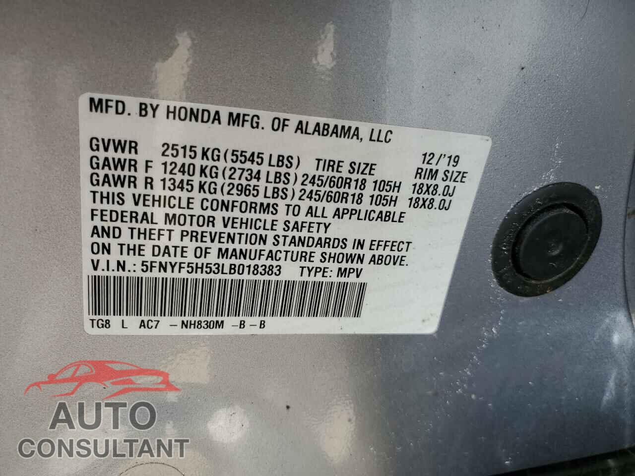 HONDA PILOT 2020 - 5FNYF5H53LB018383