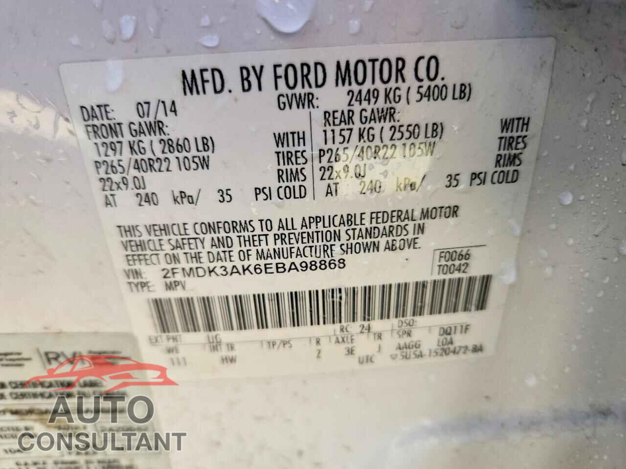 FORD EDGE 2014 - 2FMDK3AK6EBA98868