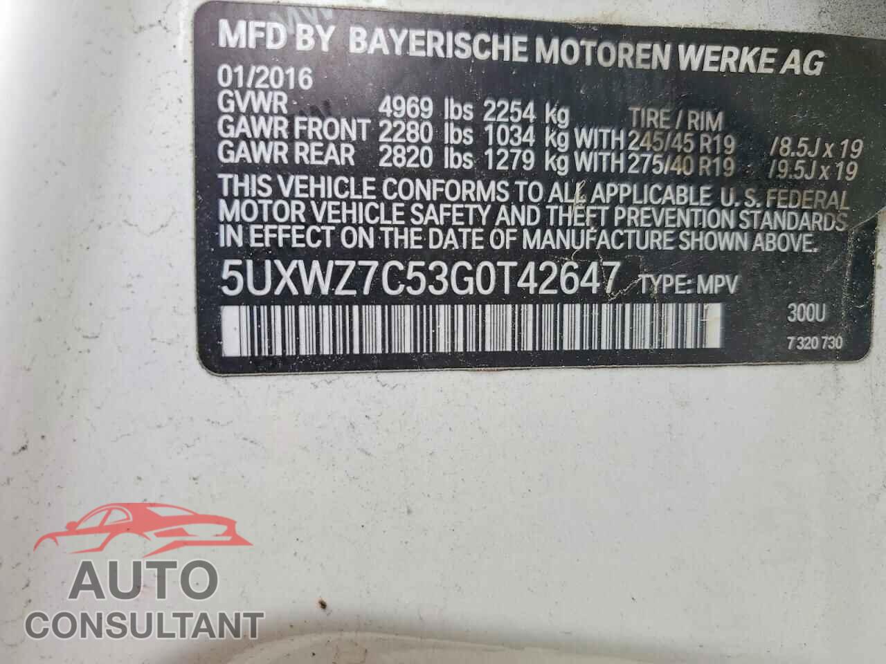 BMW X3 2016 - 5UXWZ7C53G0T42647