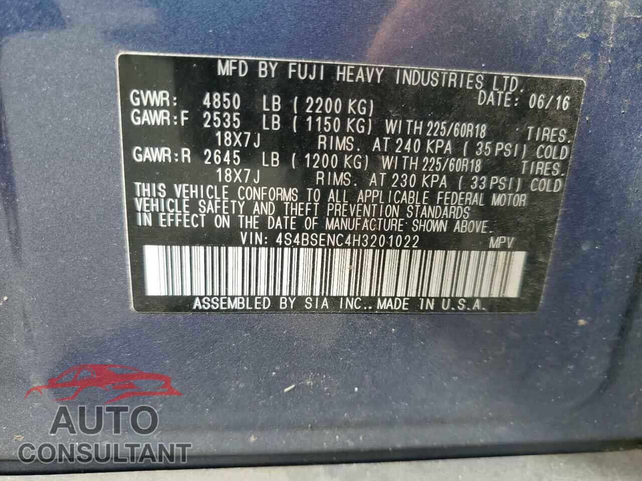 SUBARU OUTBACK 2017 - 4S4BSENC4H3201022