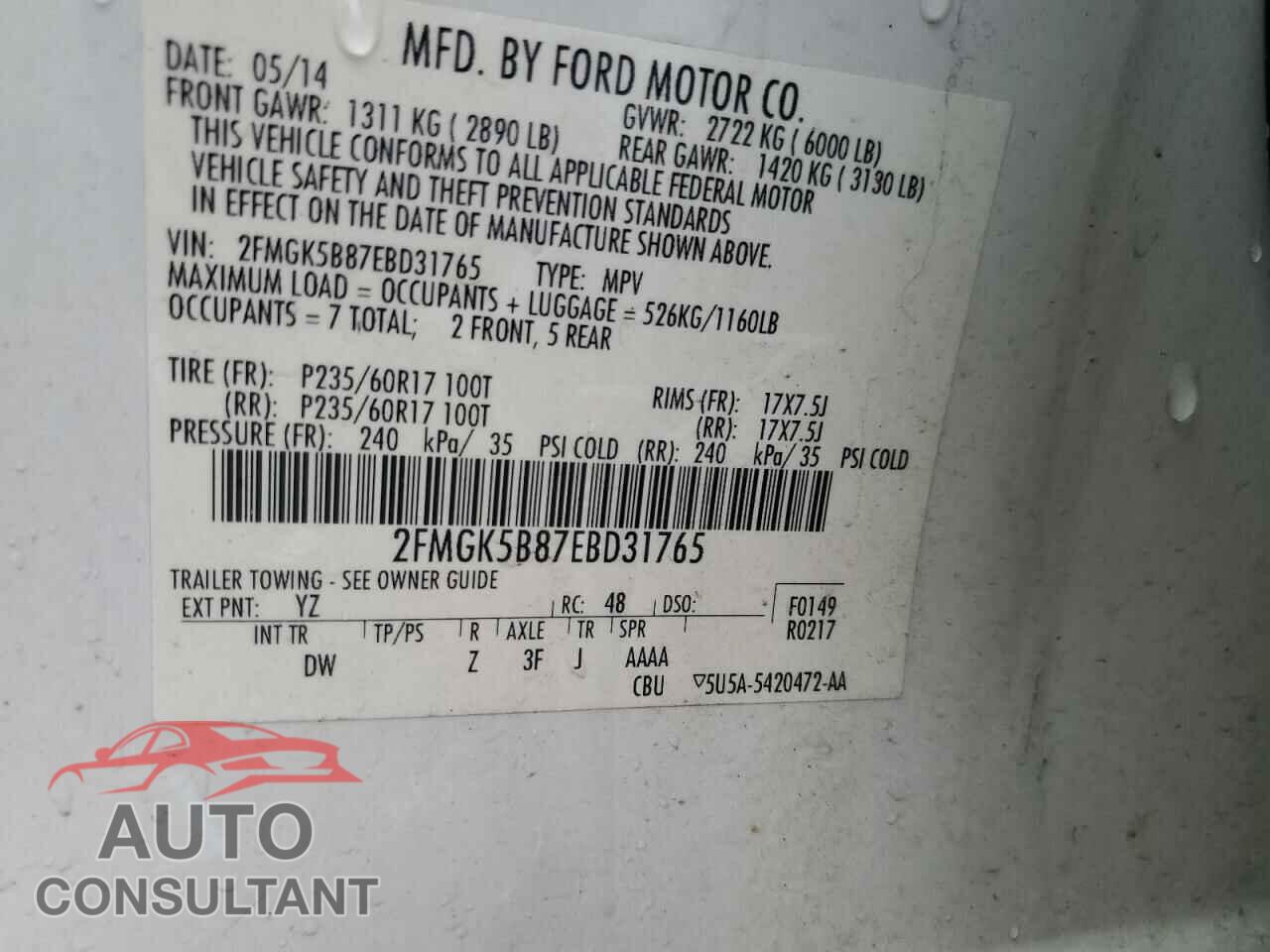 FORD FLEX 2014 - 2FMGK5B87EBD31765