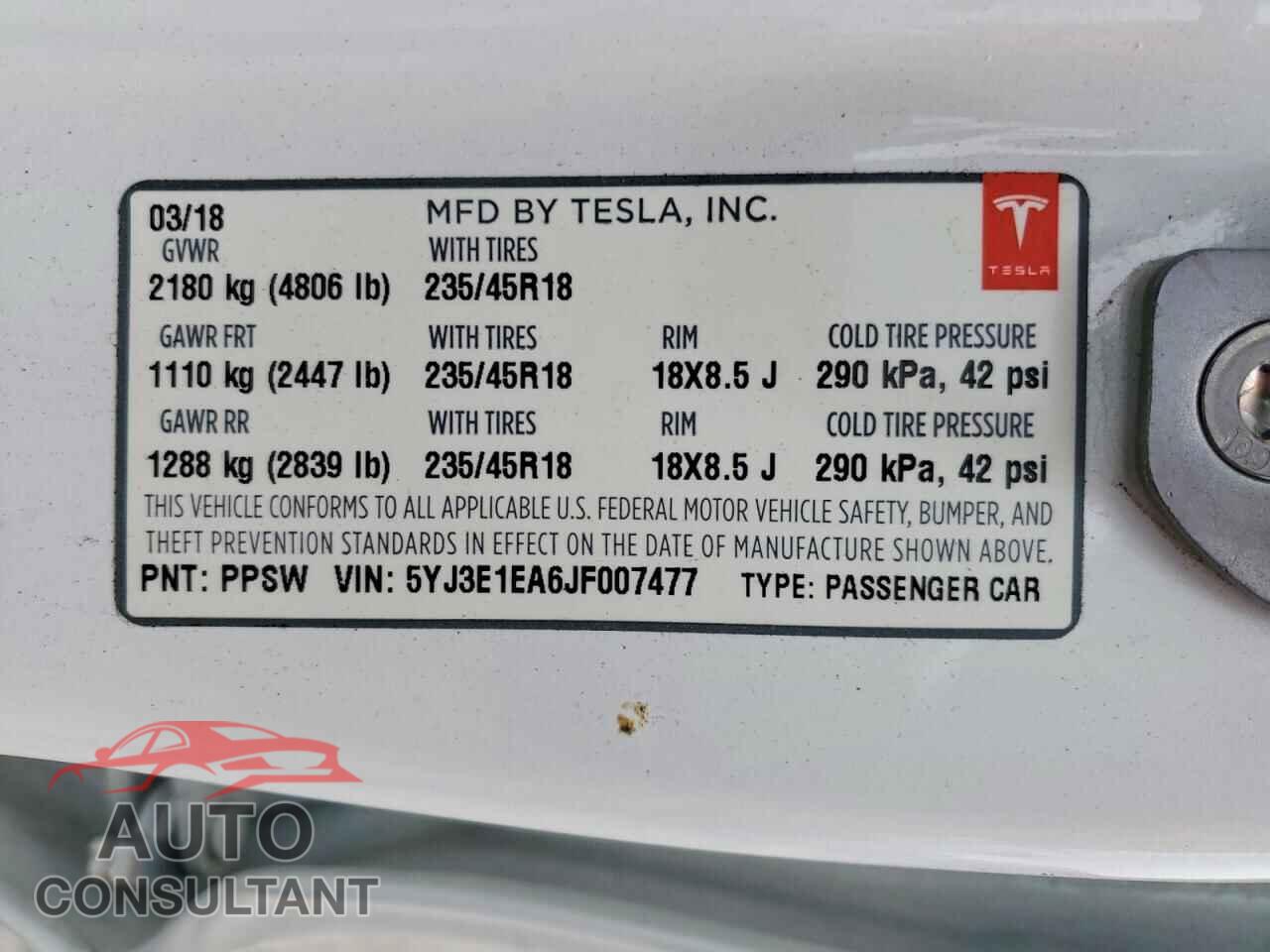 TESLA MODEL 3 2018 - 5YJ3E1EA6JF007477