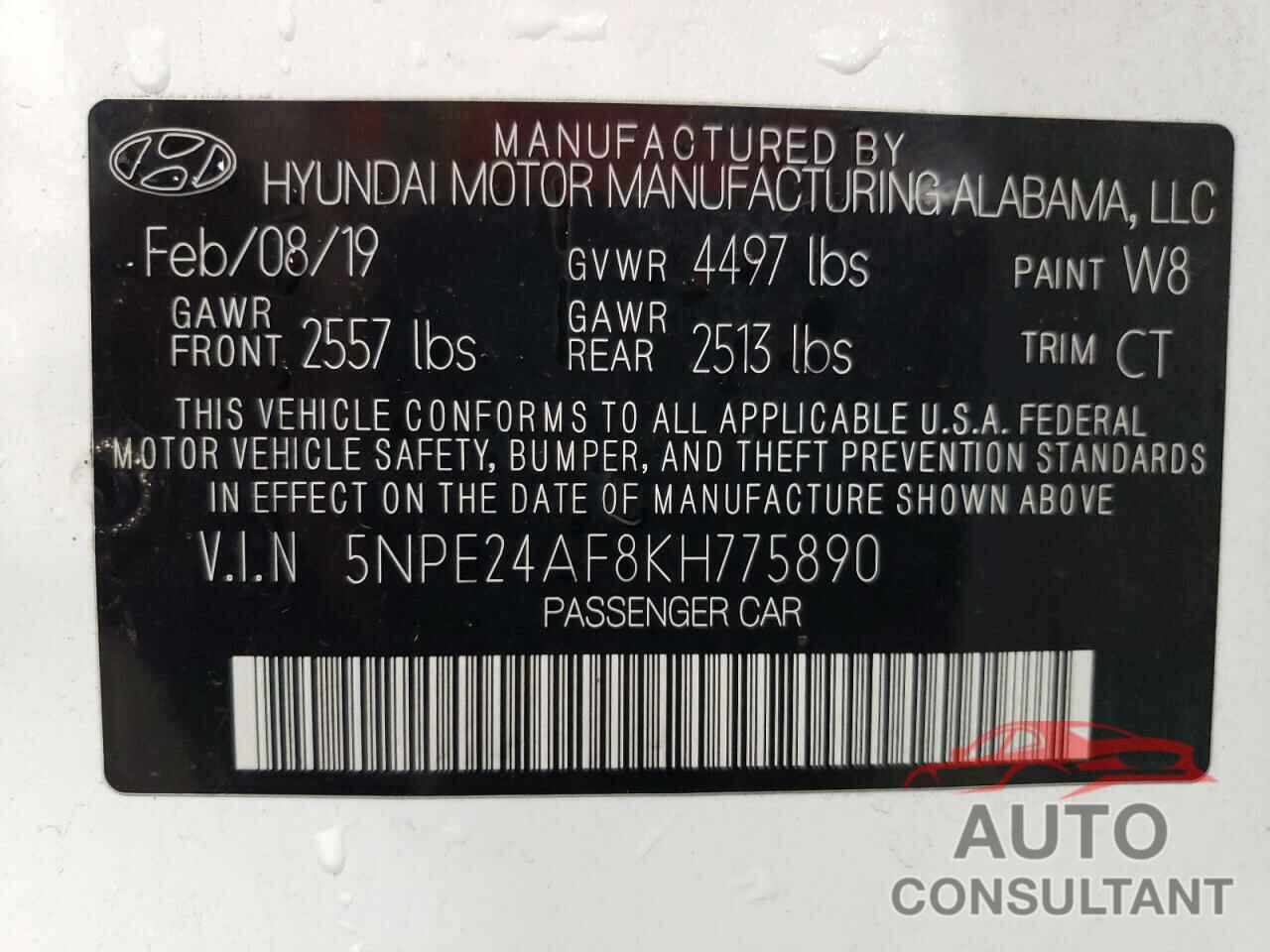 HYUNDAI SONATA 2019 - 5NPE24AF8KH775890