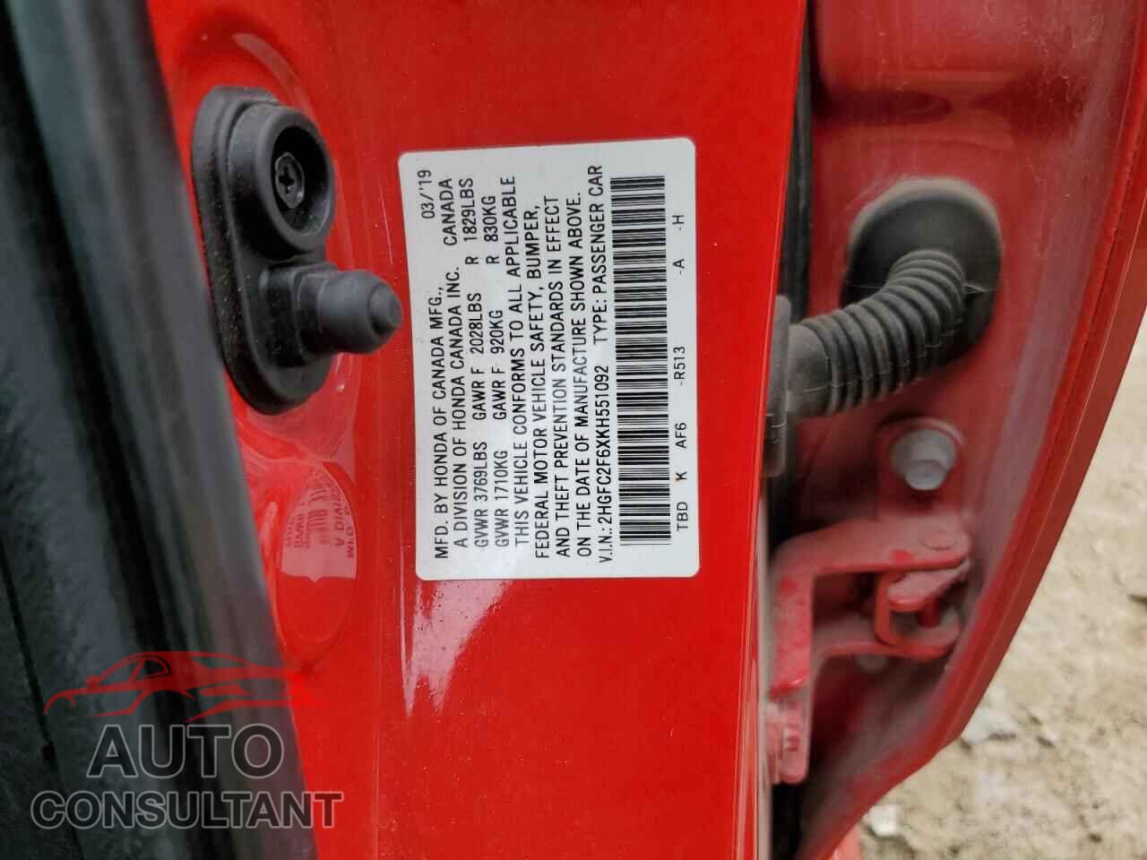 HONDA CIVIC 2019 - 2HGFC2F6XKH551092
