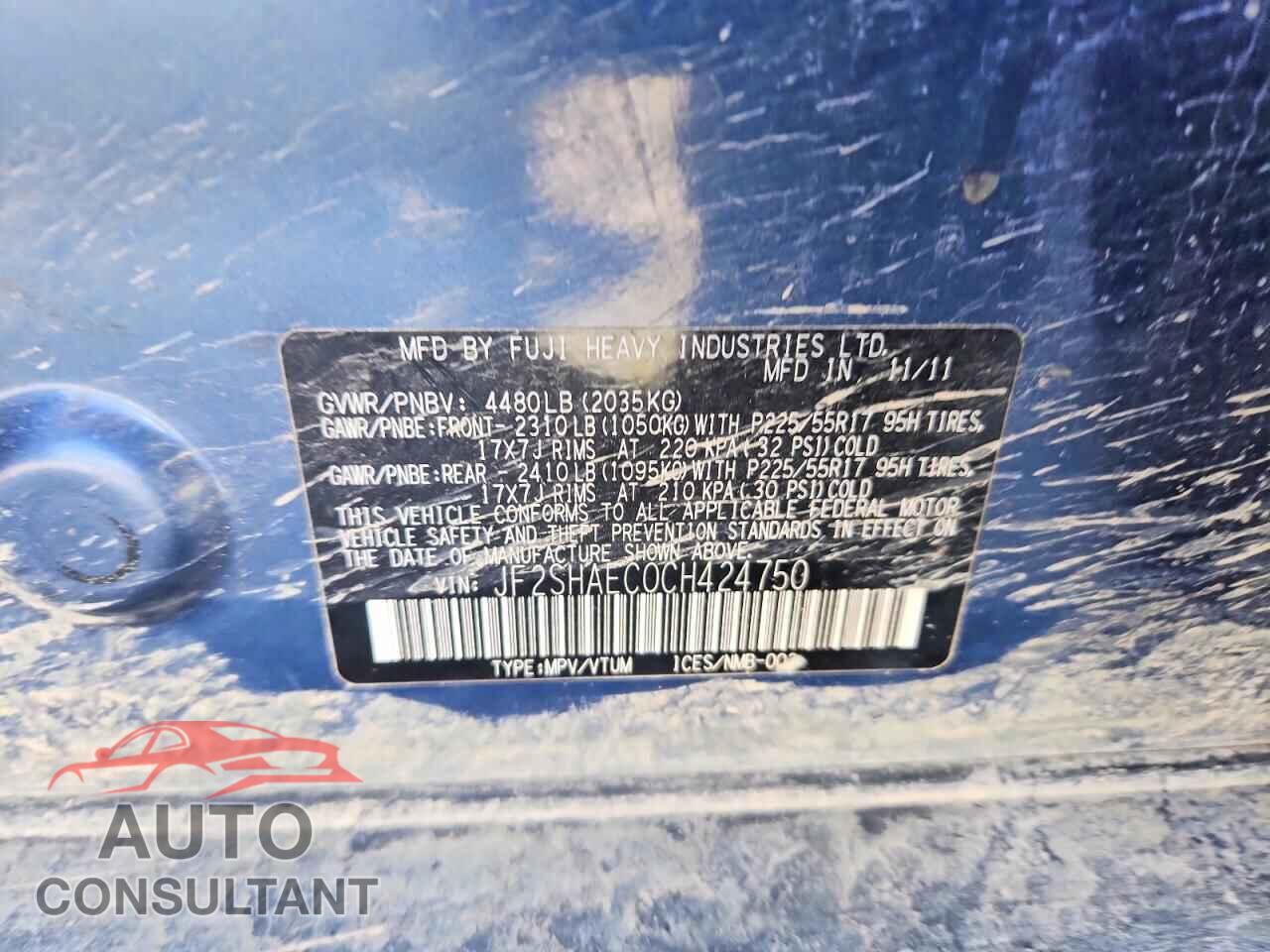 SUBARU FORESTER 2012 - JF2SHAEC0CH424750