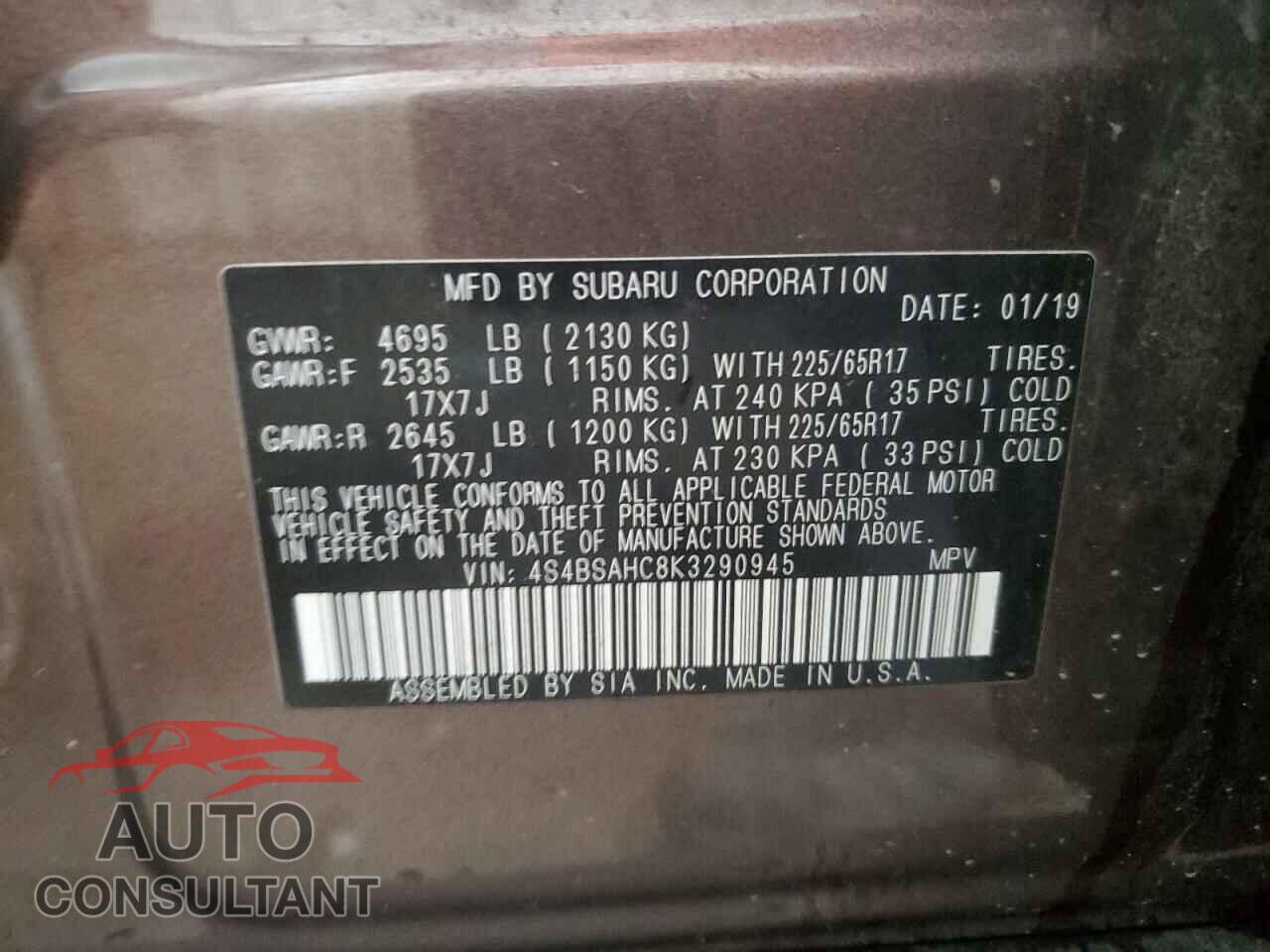 SUBARU OUTBACK 2019 - 4S4BSAHC8K3290945
