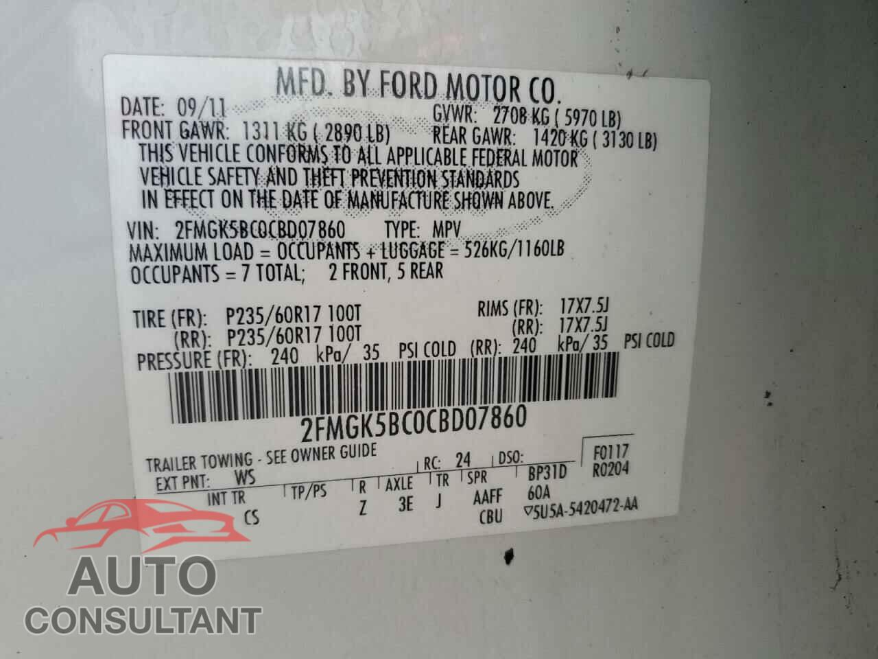 FORD FLEX 2012 - 2FMGK5BC0CBD07860