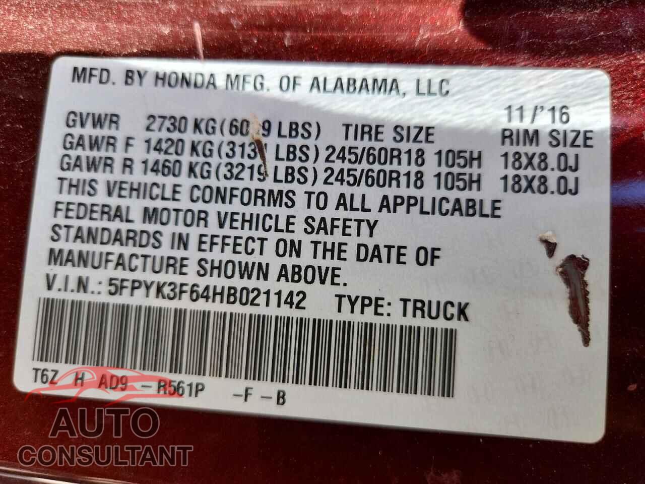 HONDA RIDGELINE 2017 - 5FPYK3F64HB021142