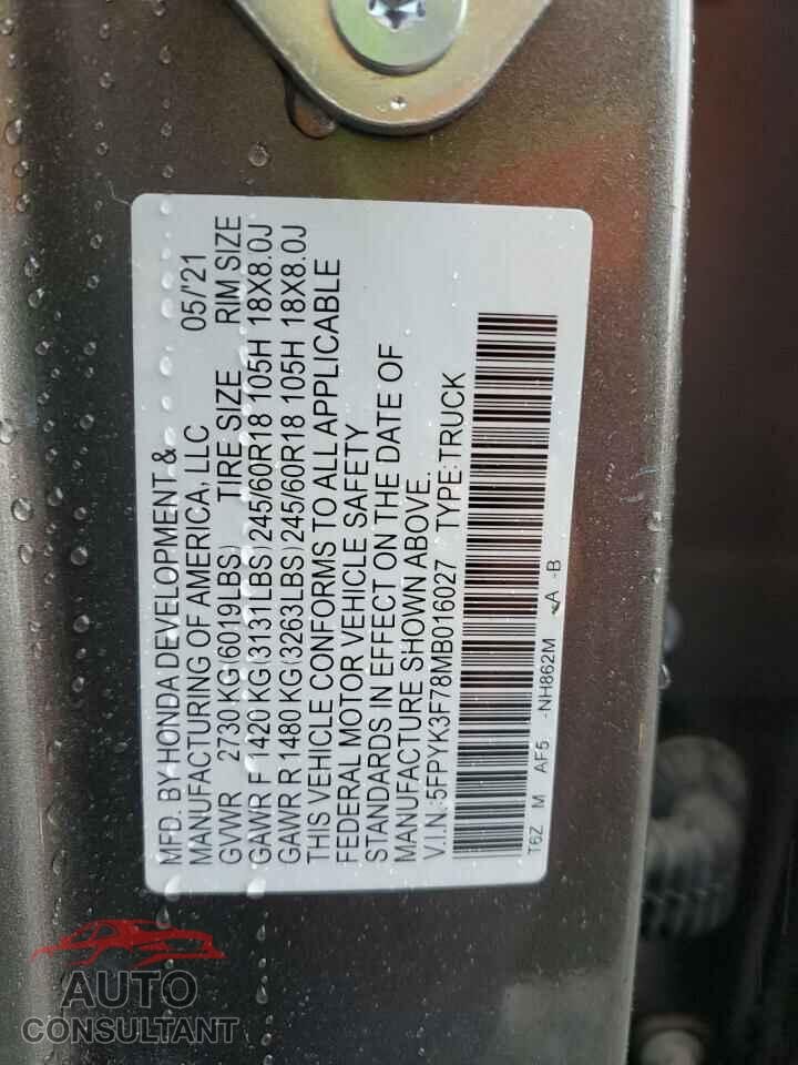 HONDA RIDGELINE 2021 - 5FPYK3F78MB016027