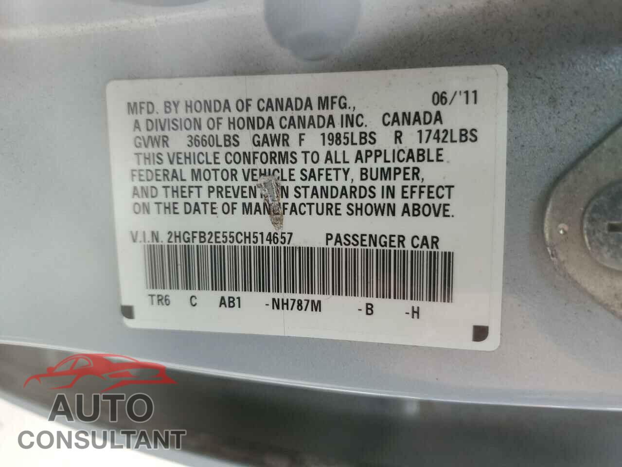 HONDA CIVIC 2012 - 2HGFB2E55CH514657