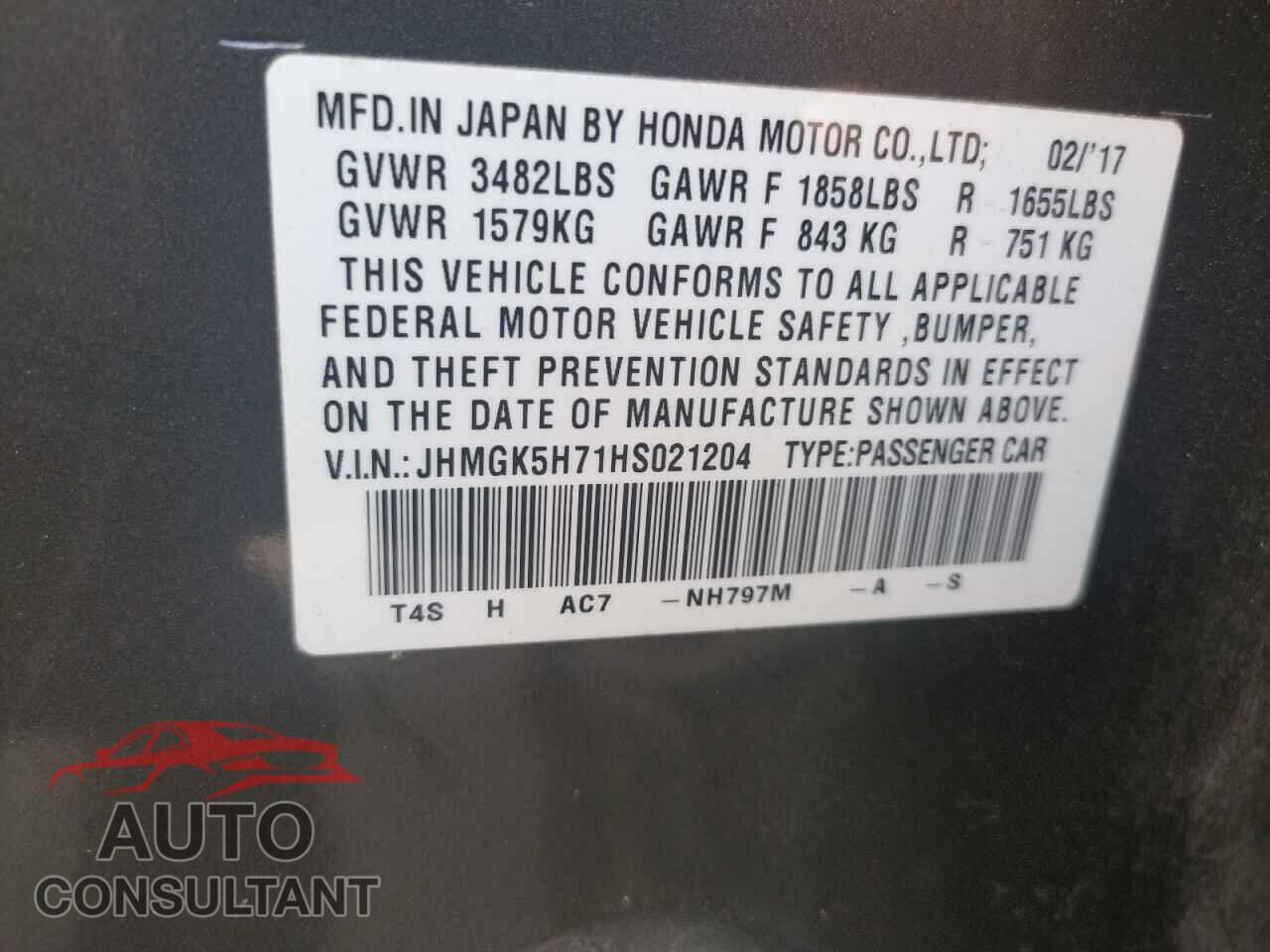HONDA FIT 2017 - JHMGK5H71HS021204