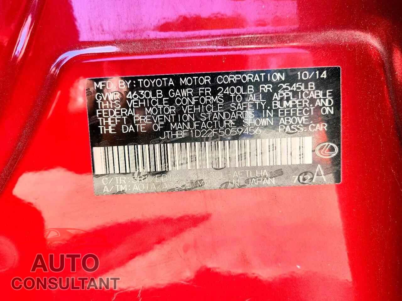 LEXUS IS 2015 - JTHBF1D22F5059456