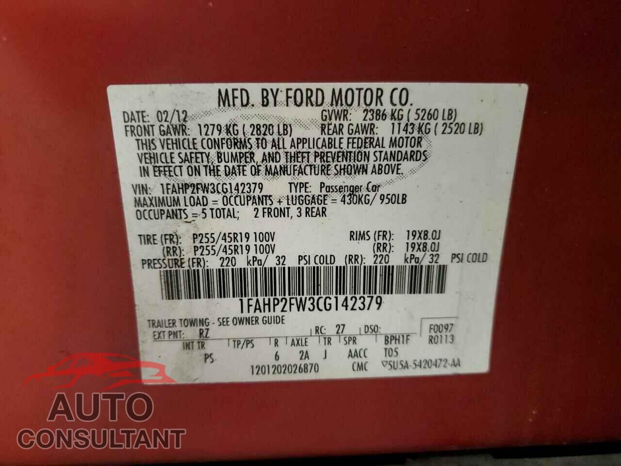 FORD TAURUS 2012 - 1FAHP2FW3CG142379