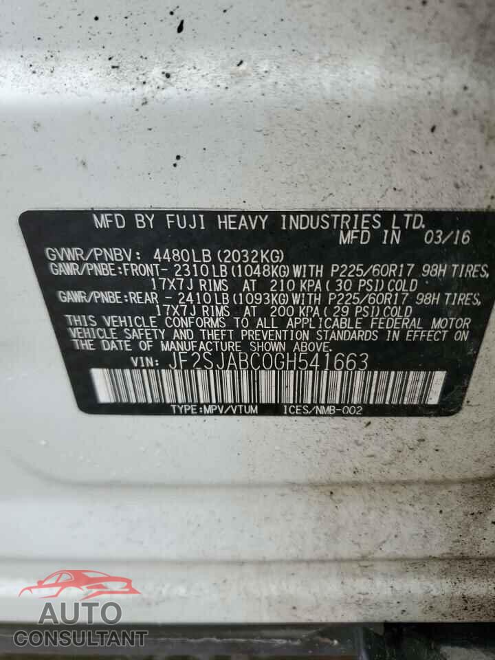 SUBARU FORESTER 2016 - JF2SJABC0GH541663