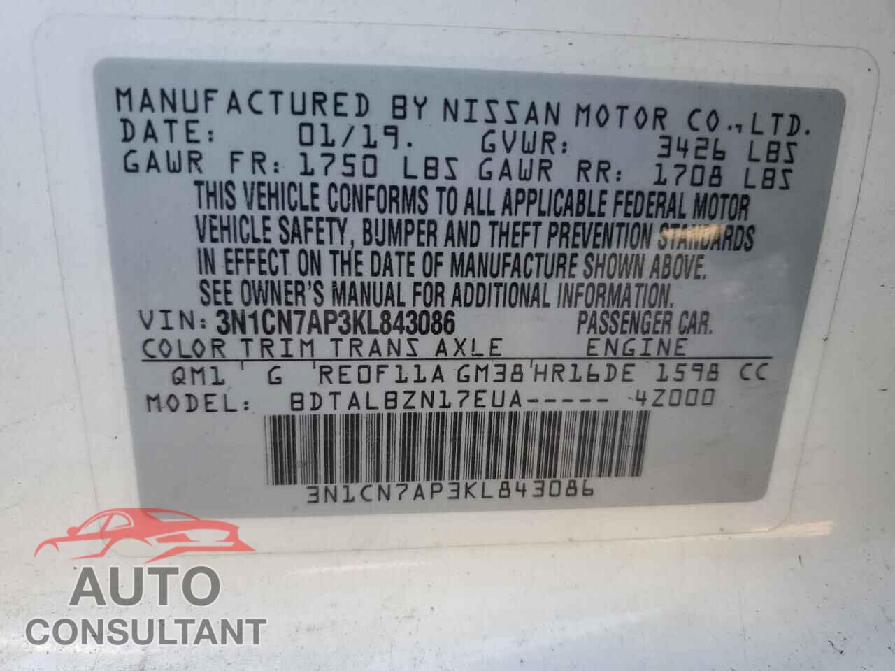 NISSAN VERSA 2019 - 3N1CN7AP3KL843086