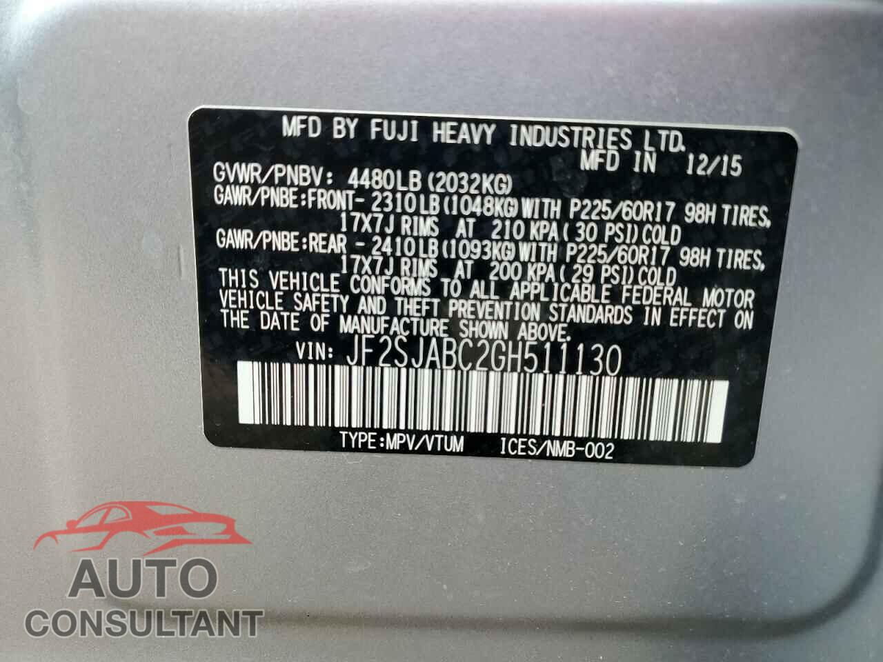 SUBARU FORESTER 2016 - JF2SJABC2GH511130