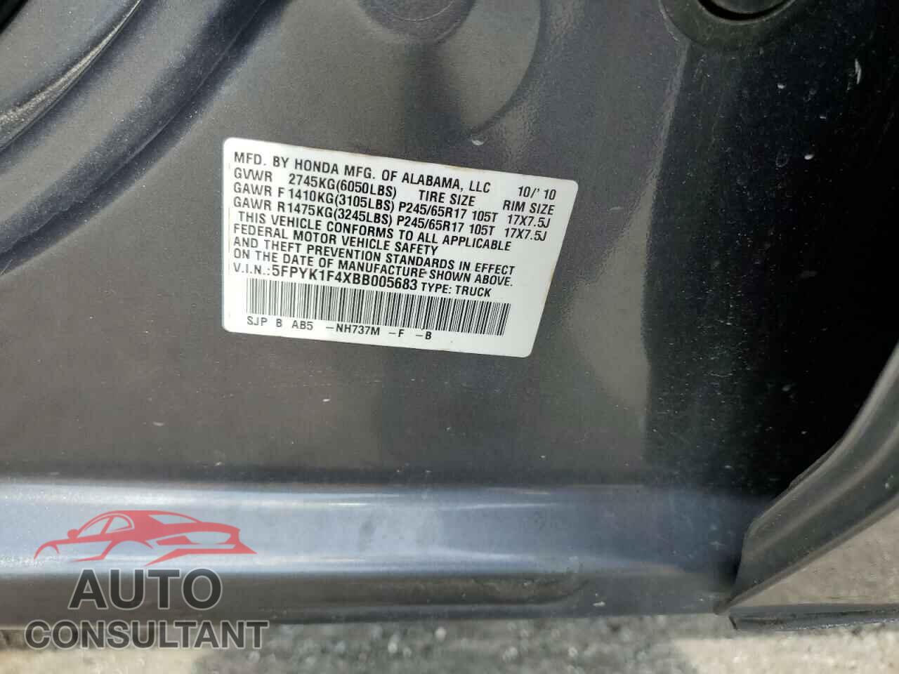 HONDA RIDGELINE 2011 - 5FPYK1F4XBB005683