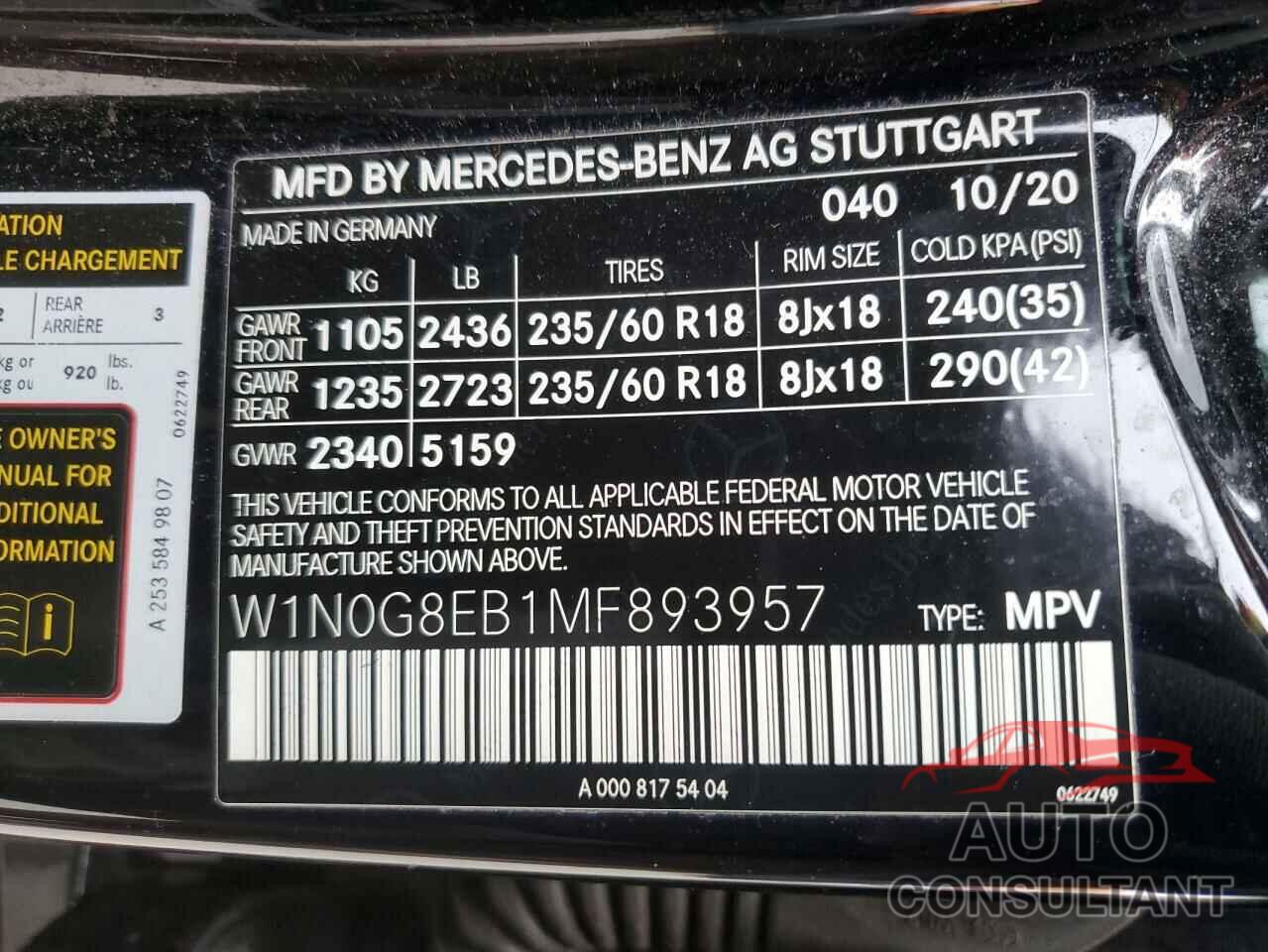 MERCEDES-BENZ GLC-CLASS 2021 - W1N0G8EB1MF893957