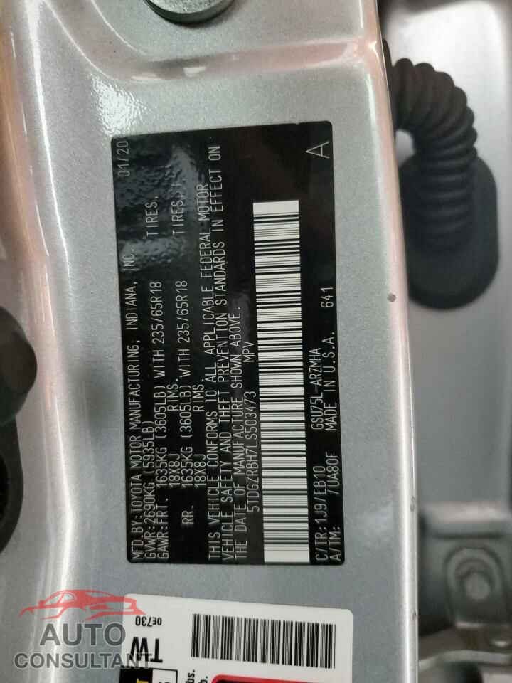 TOYOTA HIGHLANDER 2020 - 5TDGZRBH7LS503473