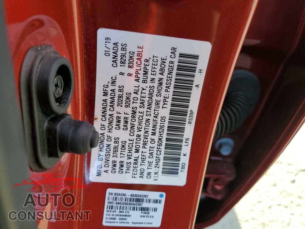 HONDA CIVIC 2019 - 2HGFC2F60KH526105