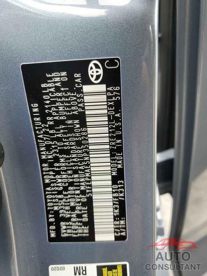 TOYOTA COROLLA 2022 - 5YFEPMAE5NP350286