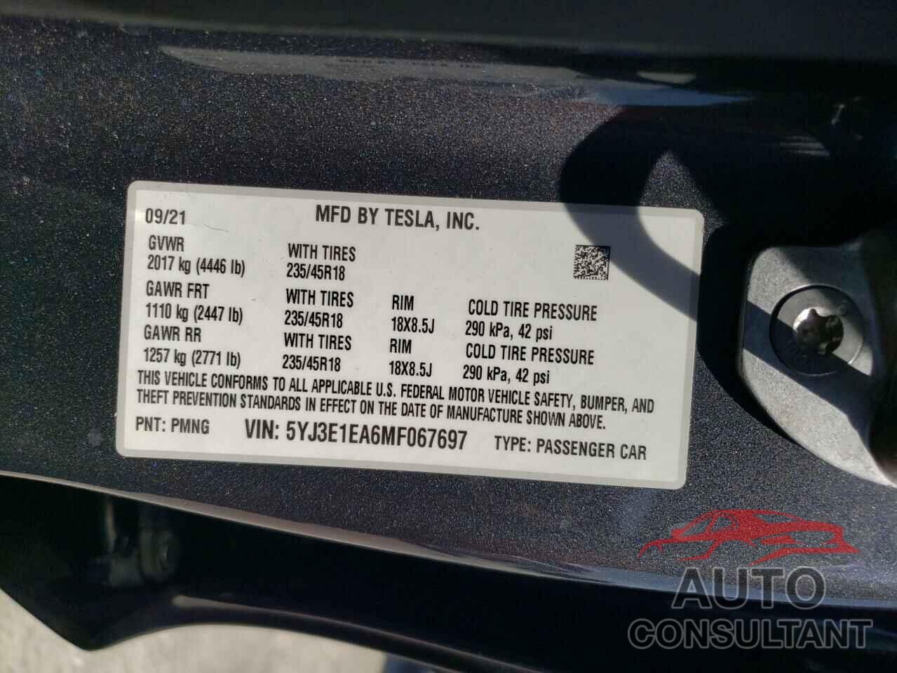 TESLA MODEL 3 2021 - 5YJ3E1EA6MF067697