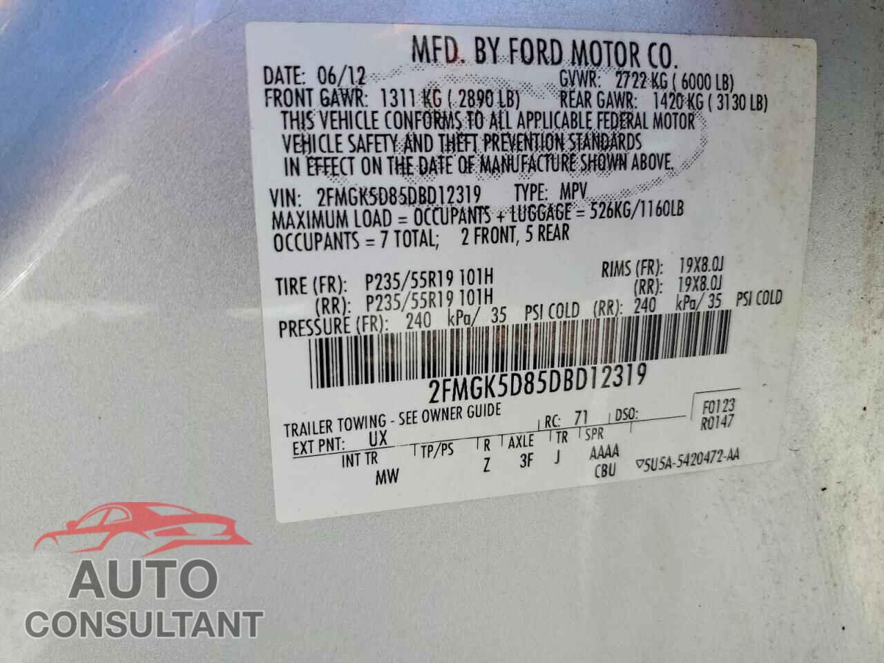 FORD FLEX 2013 - 2FMGK5D85DBD12319