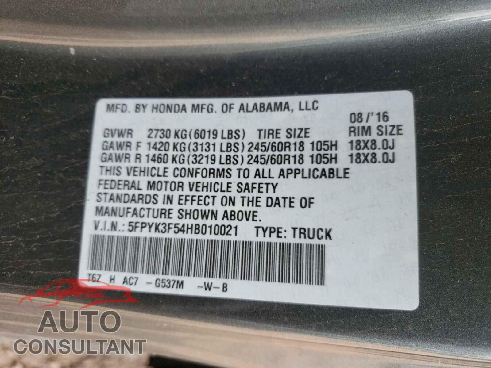 HONDA RIDGELINE 2017 - 5FPYK3F54HB010021
