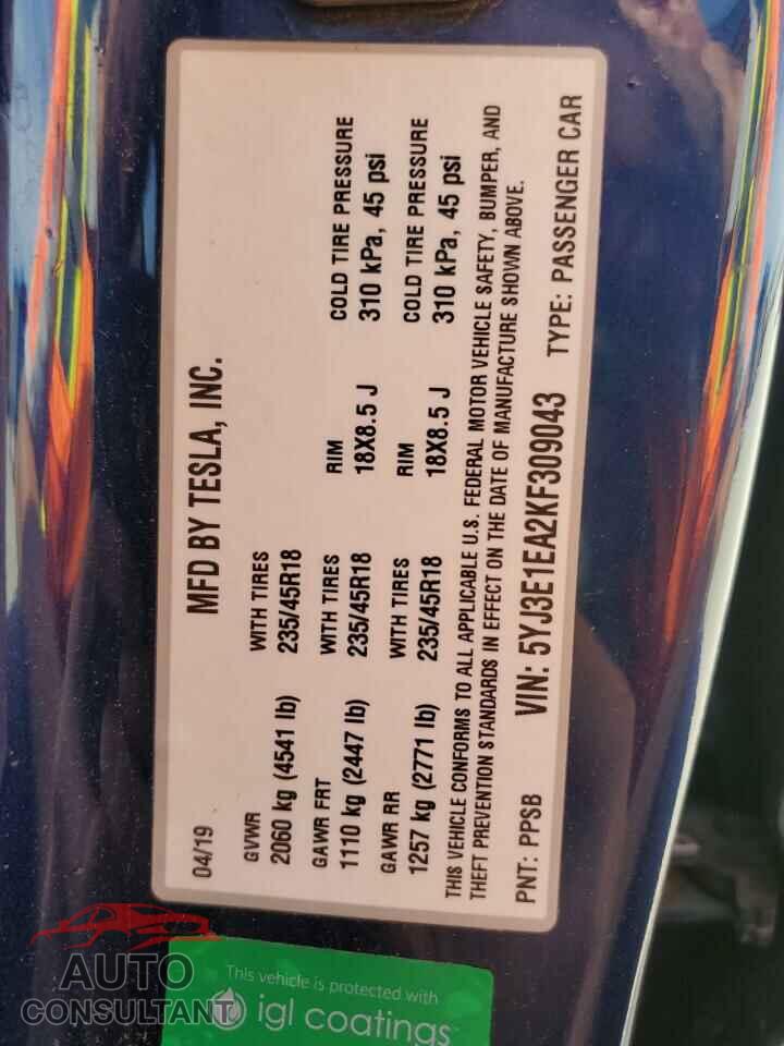 TESLA MODEL 3 2019 - 5YJ3E1EA2KF309043